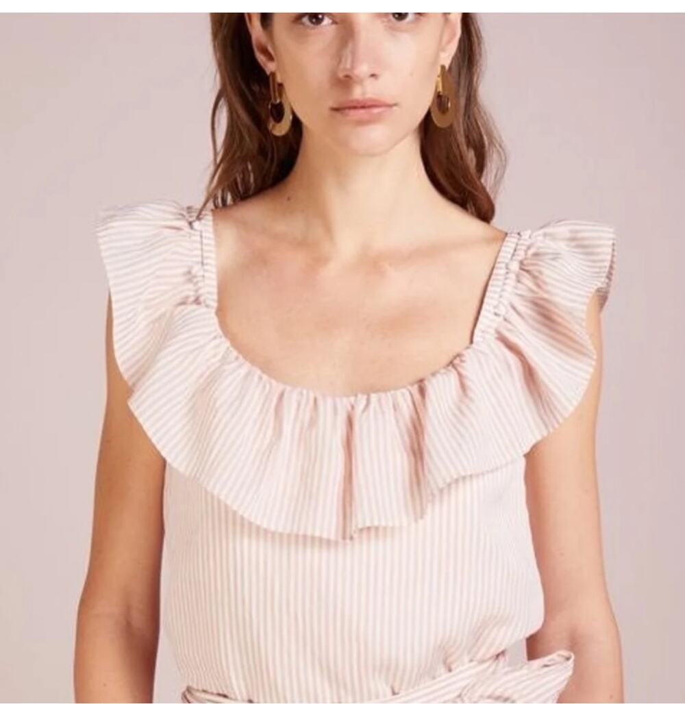Club Monaco Seersucker Stripe Ruffle Detail Sleeveless Top Dusty Pink S